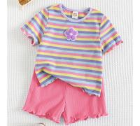 2 pezzi Set di maglietta a maniche corte a collo tondo e shorts con vita elastica, a righe colorate e motivo floreale, in maglia, per bimbe, dolce e carino, adatto per l'estate, attività all'aperto, c
