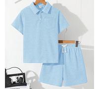 2 pezzi Set di maglietta a maniche corte con colletto polo e pantaloncini tinta unita, casual e ampio, adatto per ragazzi tra i 9 e i 12 anni, ideale per uso quotidiano, scuola, sport, primavera ed es