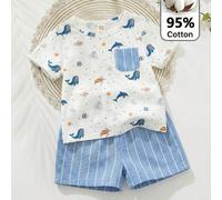 2 pezzi Set di maglietta a maniche corte con colletto polo e stampa di animali cartoni animati e pantaloncini con vita elastica per bambino 6-9M,9-12M,12-18M,18-24M,2-3Y,3-6MFumetto,A strisce,PianteTe