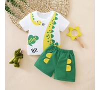 2 pezzi Set di maglietta a maniche corte con collo rotondo e pantaloncini con stampa di simpatici dinosauri verdi per bambini, adatto per avventure all'aperto, relax a casa, scuola, visite allo zoo e