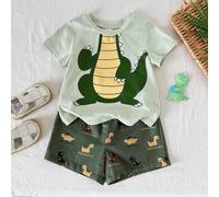 2 pezzi Set di maglietta a maniche corte con scollo rotondo e pantaloncini in vita elastica con motivo a dinosauro cartoni animati per bambino 6-9M,9-12M,12-18M,18-24M,2-3YAnimale,Fumetto,LettereTessu