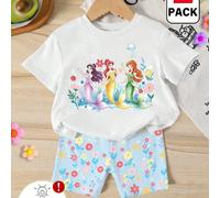 2 pezzi Set di maglietta a maniche corte con scollo rotondo e pantaloncini skinny per ragazze giovani, con motivi floreali, farfalle e principesse, adatto per uso quotidiano, vacanze, comodo e rilassa