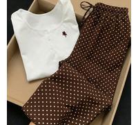 2 pezzi Set di maglietta a maniche corte con scollo rotondo e pantaloni casual con stampa a pois vintage marrone, regolabili in vita, adatto per uscite, stile di strada, aeroporto, chic, vacanze al ma