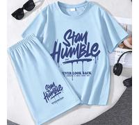 2 pezzi Set di maglietta a maniche corte con stampa di lettere e pantaloncini casual minimalista per ragazzi pre-adolescenti, adatto per l'estate, un nuovo set estivo confortevole 6Y,7Y,8Y,9Y,10Y,4Y,5