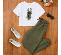 2 pezzi Set di maglietta a maniche corte con stampa fiocco e pantaloni cargo con fiocco in vita per ragazze adolescenti, adatto per casa, casual, festival, pranzo, festival musicali, uscite, primavera