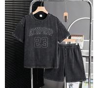 2 pezzi Set di maglietta a maniche corte e pantaloncini casual con lavaggio consumato per ragazzi pre-adolescenti, colore grigio, adatto per scuola, performance, uscite, feste, sport, vacanze, primave