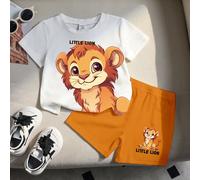 2 pezzi Set di maglietta a maniche corte e pantaloncini casual per bambino, con stampa di leone e lettera, vestibilità morbida, adatto per estate, uso casual, all'aperto, sport, scuola 6-9M,9-12M,12-1