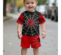 2 pezzi Set di maglietta a maniche corte e pantaloncini con grafica di ragno cartoni animati minimalista per bambino, adatto per l'estate 6-9M,9-12M,12-18M,18-24M,2-3YAnimale,LettereTessuto in maglia