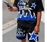 2 pezzi Set di maglietta a maniche corte e pantaloncini da ragazzo pre-adolescente, stile casual nero minimalista, con stampa di fiamme, graffiti e stelle, adatto per l'estate 7Y,8Y,9Y,10Y,11Y,12Y,13Y