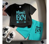 2 pezzi Set di maglietta a maniche corte e pantaloncini in maglia per bambini maschi, in cotone comodo e casual, con stampa "Mama's Boy" e blocchi di colore, design classico, abbigliamento sportivo mo