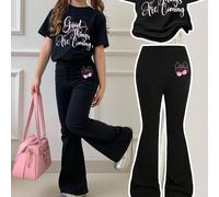 2 pezzi Set di maglietta a maniche corte e pantaloni per ragazze con stampa "Good Things Are Coming" e fiocco, casual e semplice, adatto per l'estate 8Y,9Y,10Y,11Y,12YFumetto,Lettere,sloganTessuto in