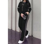 2 pezzi Set di maglietta a maniche lunghe con collo rotondo e pantaloni a vita elastica e gamba ampia, con stampe a righe e grafiche, casual e comodo per uso quotidiano, nero, adatto per primavera/aut