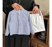 2 pezzi Set di maglietta a righe casual e pantaloncini tinta unita per bambino 6-9M,9-12M,12-18M,18-24M,2-3YA striscePoliestere