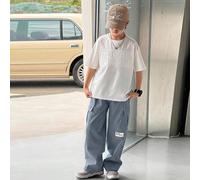 2 pezzi Set di maglietta bianca a maniche corte con girocollo e motivo a lettere 3D in rilievo e pantaloni lunghi blu con tasche cargo per ragazzi pre-adolescenti, adatto per primavera/estate, San Val