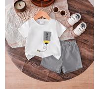 2 pezzi Set di maglietta bianca in maglia con stampa a matita e pantaloncini a righe per bambini maschi, outfit casual estivo carino da paggio a quadri bianchi e neri per il ritorno a scuola 6-9M,9-12
