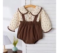 2 pezzi set di maglietta con colletto Peter Pan e pantaloni salopette a fantasia floreale per bimbe autunno 2024 6-9M,9-12M,12-18M,18-24M,3-6MGeometrico,Colore unico,Piante,FiorelliniMiscele di cotone