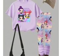 2 pezzi Set di maglietta corta e leggings da ragazza, casual e alla moda, con grafica personalizzata e minimalista, raffigurante personaggi di gruppi virtuali femminili, stelle a cinque punte, lune, c