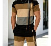 2 pezzi Set di moda da uomo - T-shirt a maniche corte a righe e pantaloncini con coulisse - Outfit abbinato comodo, adatto per avventure all'aperto e casual, 100% poliestere, adatto per l'estate L,M,S