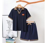 2 pezzi/set di outfit casual per ragazzo preadolescente, composto da polo a maniche corte con colletto a blocchi di colore e toppe, e pantaloncini con vita elastica, adatto per autunno, primavera, est
