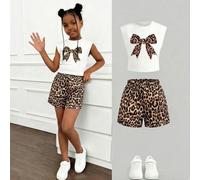 2 pezzi Set di pantaloncini e maglietta a maniche corte con decorazione fiocco, adatto per ragazze pre-adolescenti, per attività all'aperto, gioco e uscite casual in estate 8Y,9Y,10Y,11Y,12Ystampa dap