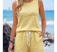 2 pezzi Set di pantaloncini gialli strutturati casual da donna, outfit estivo da vacanza per donne, outfit da spiaggia, outfit casual da uscita per donne, set casual da vacanza, outfit da vacanza donn
