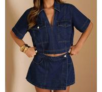 2 Pezzi Set di Pantaloncini in Denim Slao Corti e Pantoncini a Leg Larghi e Morbidi - Set in denim Elegante, Panti in jeans a leg larghi e ampi, Shorts in Jeans a Vita Alta da Donna, Leter Leisure, In