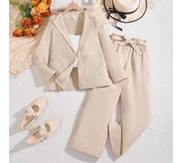 2 pezzi Set di pantaloni lunghi e giacca lunga in kaki con motivo casual e versatile Girl's e Sleeve per primavera/autunno 8Y,9Y,10Y,11Y,12YColore unicoPoliestere