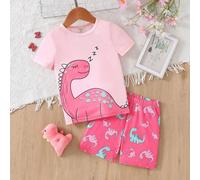 2 pezzi Set di pigiama aderente in maglia con stampa integrale di dinosauri e disegni a crayon per bambine 2Y,3Y,9-12M,12-18M,18-24MAnimale,Fumetto,Blocchi di colore,Lettere,PianteTessuto
