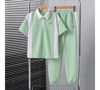 2 pezzi Set di polo e pantaloni casual per ragazzi, design minimalista. Camicia con pannelli a contrasto di colore e etichetta tessuta, pantaloni con blocchi di colore e gamba affusolata, tessuto conf