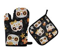 2 pezzi Set Di Presine Da Cucina Mexican Skull Cat Day Of The Dead Guanti Da Forno A Microonde Morbida Guanti Da Barbecue Per Grigliare, Cucinare, Cottura Al Forno