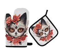 2 pezzi Set Di Presine Da Cucina Mexican Sugar Cat Day Of The Dead Guanti Da Cucina Resistente Al Calore Guanti Da Barbecue Per Grigliare, Cucinare, Cottura Al Forno