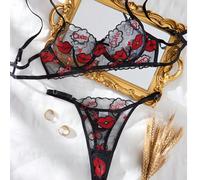 2 pezzi Set di reggiseno e slip in pizzo ricamato a rete, nero e rosso fuoco, romantico e sexy, adatto per San Valentino L,M,S,XLHalloweenRicamo