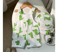 2 pezzi Set di salopette e cappello con stampa coccodrillo carino per bimbo, salopette bavaglino neonato, salopette bavaglino bambino, salopette e cappello estivi per bimbi, unisex 6-9M,9-12M,12-18M,1