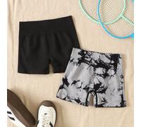 2 pezzi Set di shorts sportivi senza cuciture con jacquard e Tintura a nodi per ragazze pre-adolescenti 8Y,9Y,10Y,11Y,12YPianteTessuto in maglia