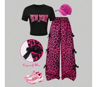 2 pezzi/set di t-shirt casual e pantaloni per ragazze adolescenti, con stampa leopardata e testo in inglese sul petto, decorazione con fiocco a contrasto sul lato dei pantaloni, adatto per camminare, 