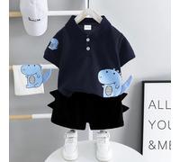 2 pezzi set di t-shirt con colletto e stampa di dinosauro e pantaloncini tinta unita, abbigliamento casual corto per bambini 3Y,18-24M,3-4Y,4-5Y,5-6YAnimale,Fumetto,DinosauroPoliestere