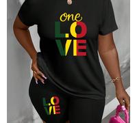 2 pezzi Set di T-shirt e pantaloncini casual e comodi da donna taglie forti, con stampa dello slogan "LOVE" , adatto per l'estate 0XL,1XL,2XL,3XL,4XLBlocchi di colore,LettereTessuto in maglia