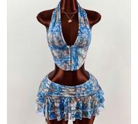 2 pezzi Set di top a canotta e minigonna a vita ultra bassa con stampa leopardata e tie-dye sexy per donne L,M,S,XS,XXSPiantePoliestere