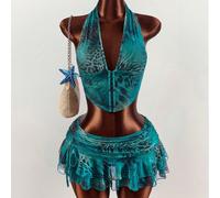 2 pezzi Set di top a canotta e minigonna a vita ultra bassa con stampa leopardata e tie-dye sexy per donne L,M,S,XS,XXSMotivo strutturatoPoliestere