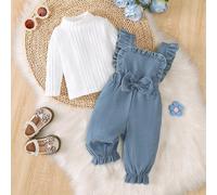 2 pezzi Set di top a collo alto a maniche lunghe e pantaloni con fiocco per bambine, colore unito, adatto per uscite e stagione scolastica, regalo perfetto per attività all'aperto 6-9M,9-12M,12-18M,18