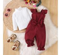 2 pezzi Set di top a collo alto a maniche lunghe e pantaloni con fiocco per bambine, colore unito, adatto per uscite e stagione scolastica, regalo perfetto per attività all'aperto 6-9M,9-12M,12-18M,18