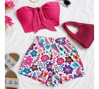 2 pezzi Set di top a fascia a righe bianche e nere intrecciato e pantaloncini vita alta, adatto per vacanze, appuntamenti, pomeriggio del tè, spiaggia, crociere, gite in città, festival musicali, stil