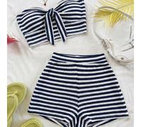 2 pezzi Set di top a fascia annodato a righe bianche e nere e pantaloncini a vita alta, adatto per appuntamenti, tè pomeridiano, spiaggia, crociera, vacanza in città, festival musicali, vacanza bohémi