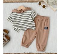 2 pezzi Set di top a maniche corte con cappuccio e pantaloni jogger a righe bicolore per bambini/bambine, stile casual adatto per casa, uscite, scuola, viaggi, primavera/estate/autunno 6-9M,9-12M,12-1