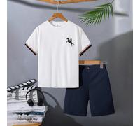 2 pezzi Set di top a maniche corte con grafica a nastro e pantaloncini in stile college casual per ragazzi pre-adolescenti, adatto per pendolarismo, scuola, uso casual quotidiano, sport, primavera/est