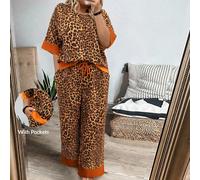 2 pezzi Set di top a maniche corte e pantaloni con stampa leopardata, taglie comode, per donna, adatto per festival e stile "Old Money" 0XL,1XL,2XL,3XL,4XLMotivo strutturatoTessuto intrecciato