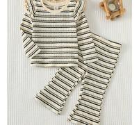 2 pezzi Set di top a maniche lunghe con colletto a volant a righe colorate e pantaloni in vita elastica per bambina 6-9M,9-12M,12-18M,18-24M,2-3YA strisceTessuto