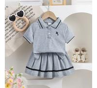2 pezzi Set di top casual e gonna a patchwork per bambina, con colletto in pizzo e fiocco, adatto per attività all'aperto, look scolastico ed adorabile stile di strada 6-9M,9-12M,12-18M,18-24M,2-3YAni