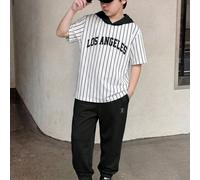 2 pezzi Set di top con cappuccio senza maniche a righe blu e contrasto di colore e pantaloni jogger per bambini/pre-adolescenti, adatto per casa, esterno, scuola, sport, outfit estivo, tutto-match 7Y,