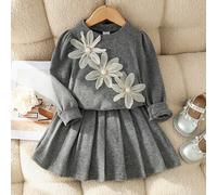 2 pezzi Set di top con maniche a sbuffo, scollo rotondo e fiori in rete 3D stile signora gentile per ragazze giovani & gonna plissettata abbinata, primavera/autunno nuovo sottile 6Y,7Y,4Y,5YPianteTwee